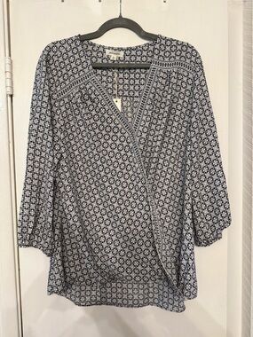 Max Studio Navy & White Printed Wrap Blouse